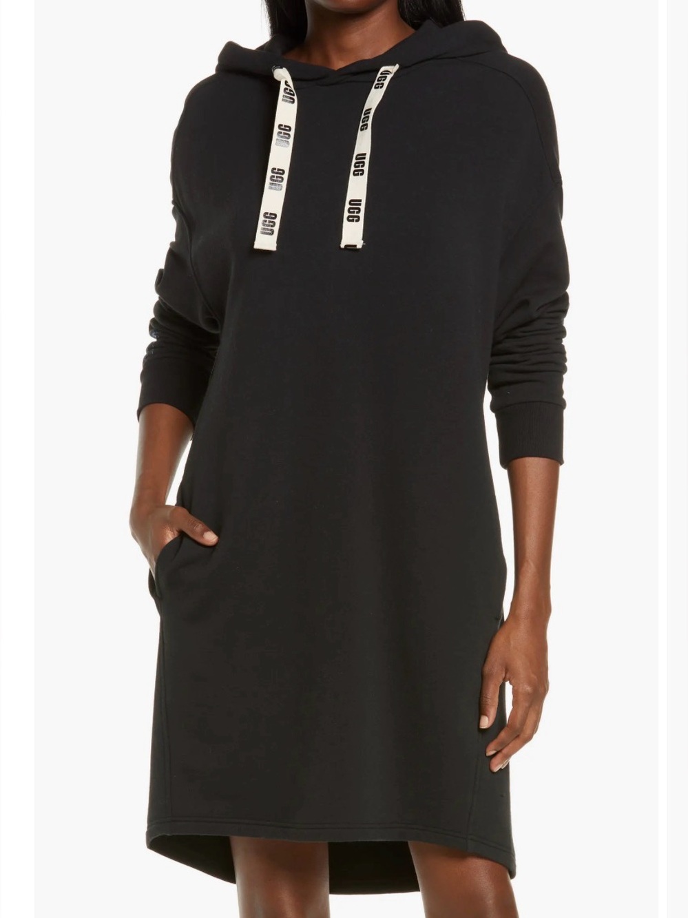 UGG Lucille Fleece Hoodie Dress Women’s L Black Logo Drawstring